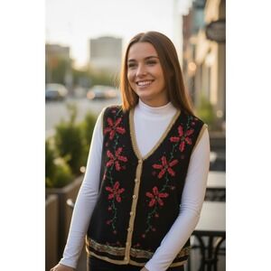 90s C.B. Career Knitted Christmas Vest Embroidered Red Poinsettia Flowers Sz 1X